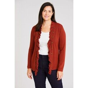 Chicos Ruffled Cardigan with Hardware Detailing Womens Small Rust Career Party
